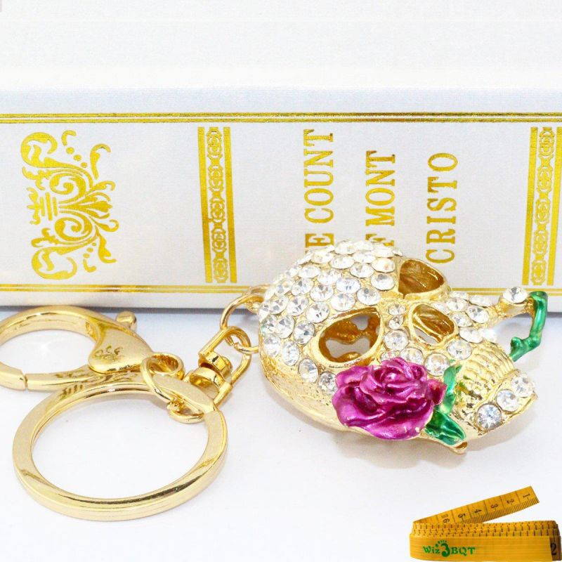 Cool 3D Skull with Dark Red or Purple Rose Flower Crystal Rhinestone Alley Metal Bling Bling Key Chain Ring Keychain Cell Phone Car Bag Purse Charm Decor Pendant Decoration Ornament