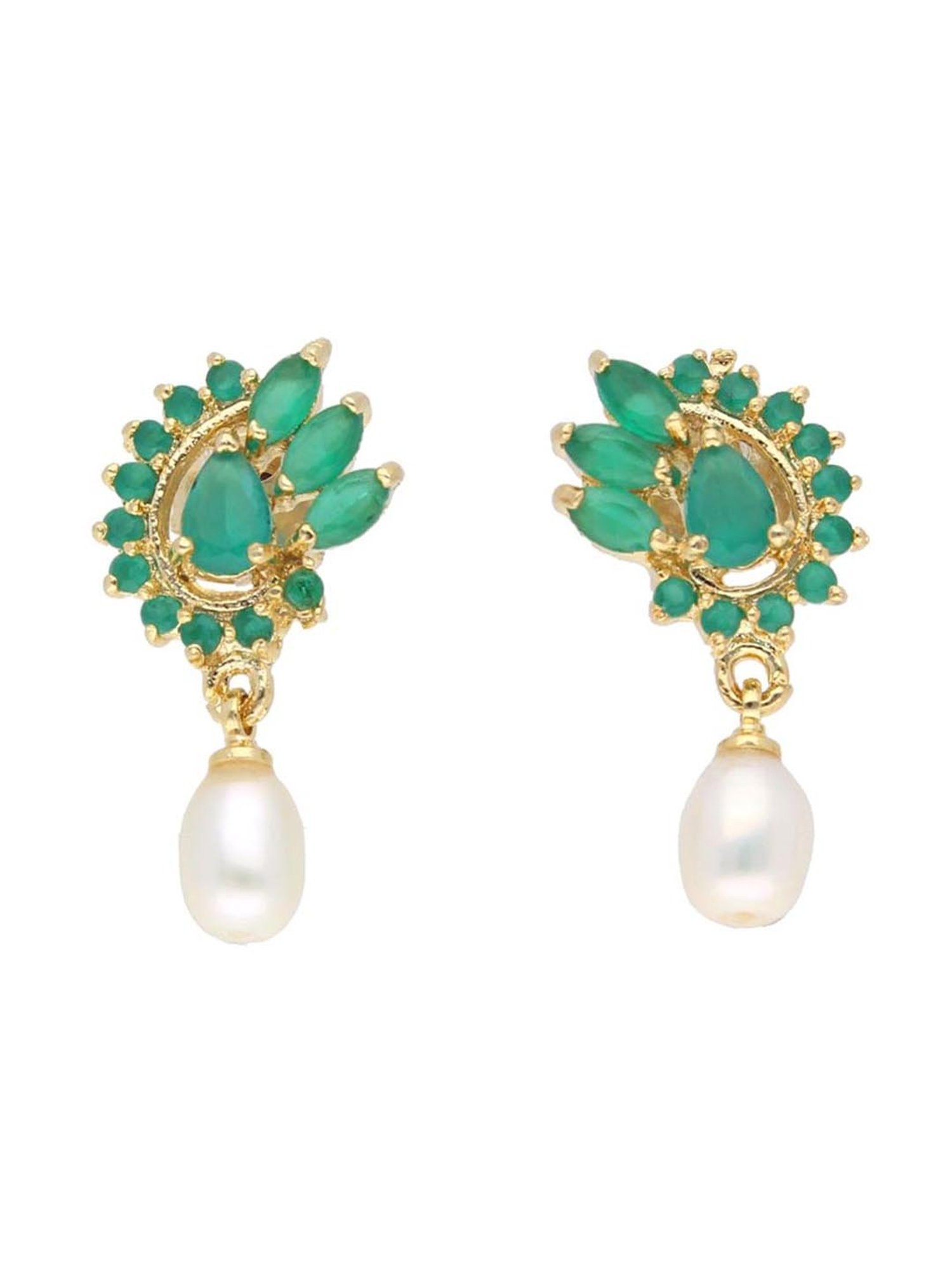 Sri Jagdamba Pearls Kiara Green & Pearl White Alloy Drop Earrings