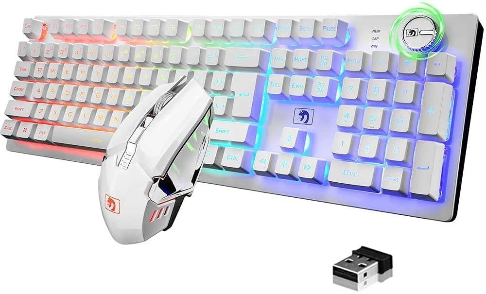 FELiCON Rechargeable Gaming Wireless Keyboard and Mouse Set Rainbow RGB LED Backlit Suspended Keycap Mechanical Feel 4800mAh Large Capacity Lithium Battery for Mac PC Laptop Computer Game Work Office