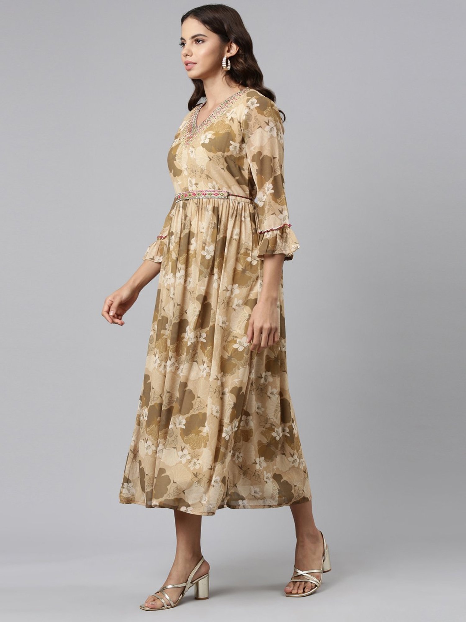 Neerus Beige Floral Print A-Line Dress