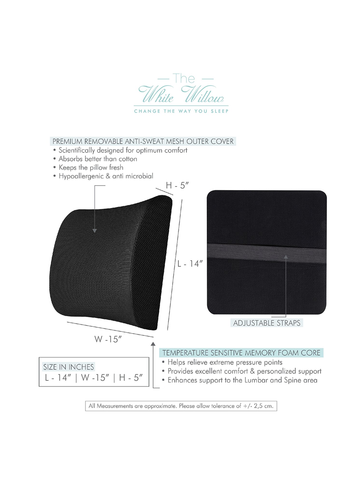 The White Willow Black Memory Foam Back Support Comfort Lumbar Cushion - Set of 1