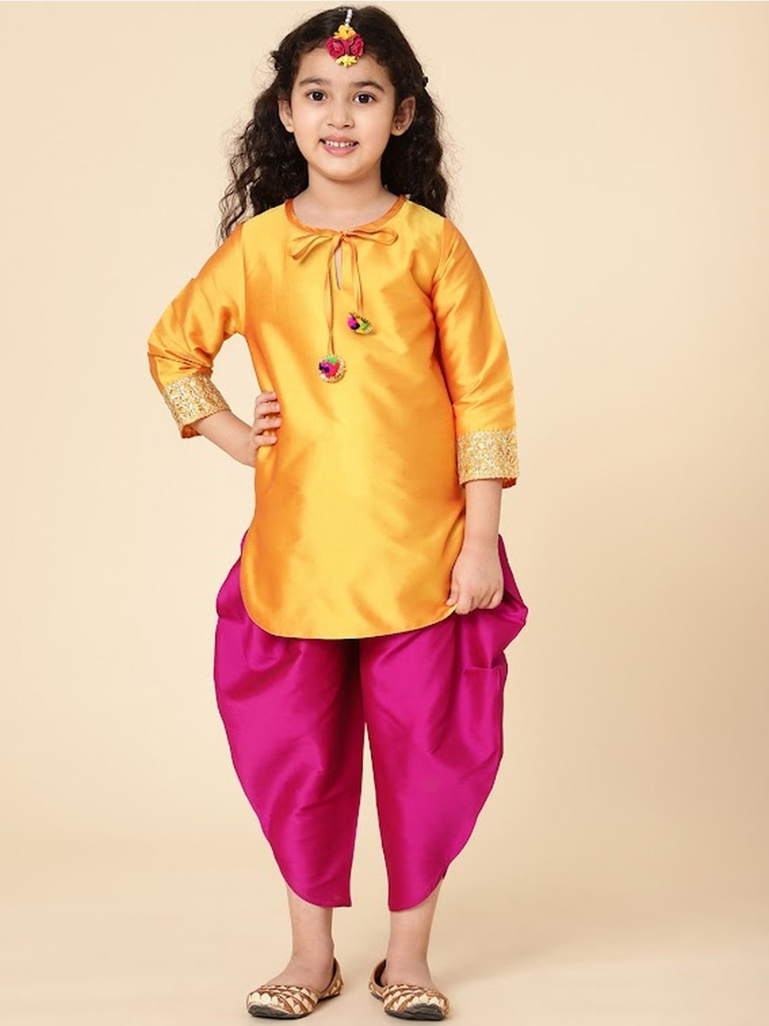 A.T.U.N. Kids Yellow & Pink Regular Fit Full Sleeves Kurta Set