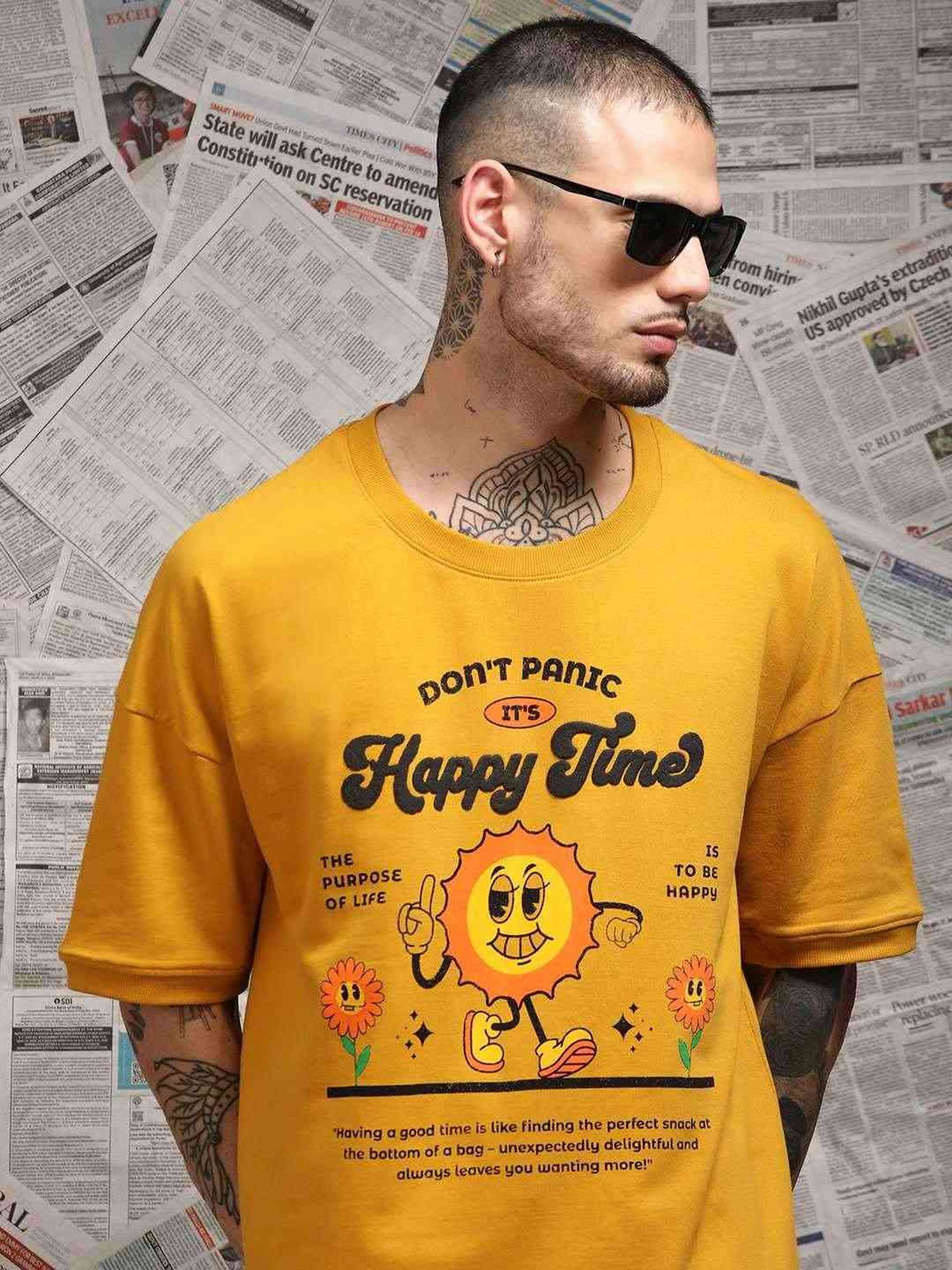 Difference Of Opinion Mustard Loose Fit Printed Unisex T-Shirt