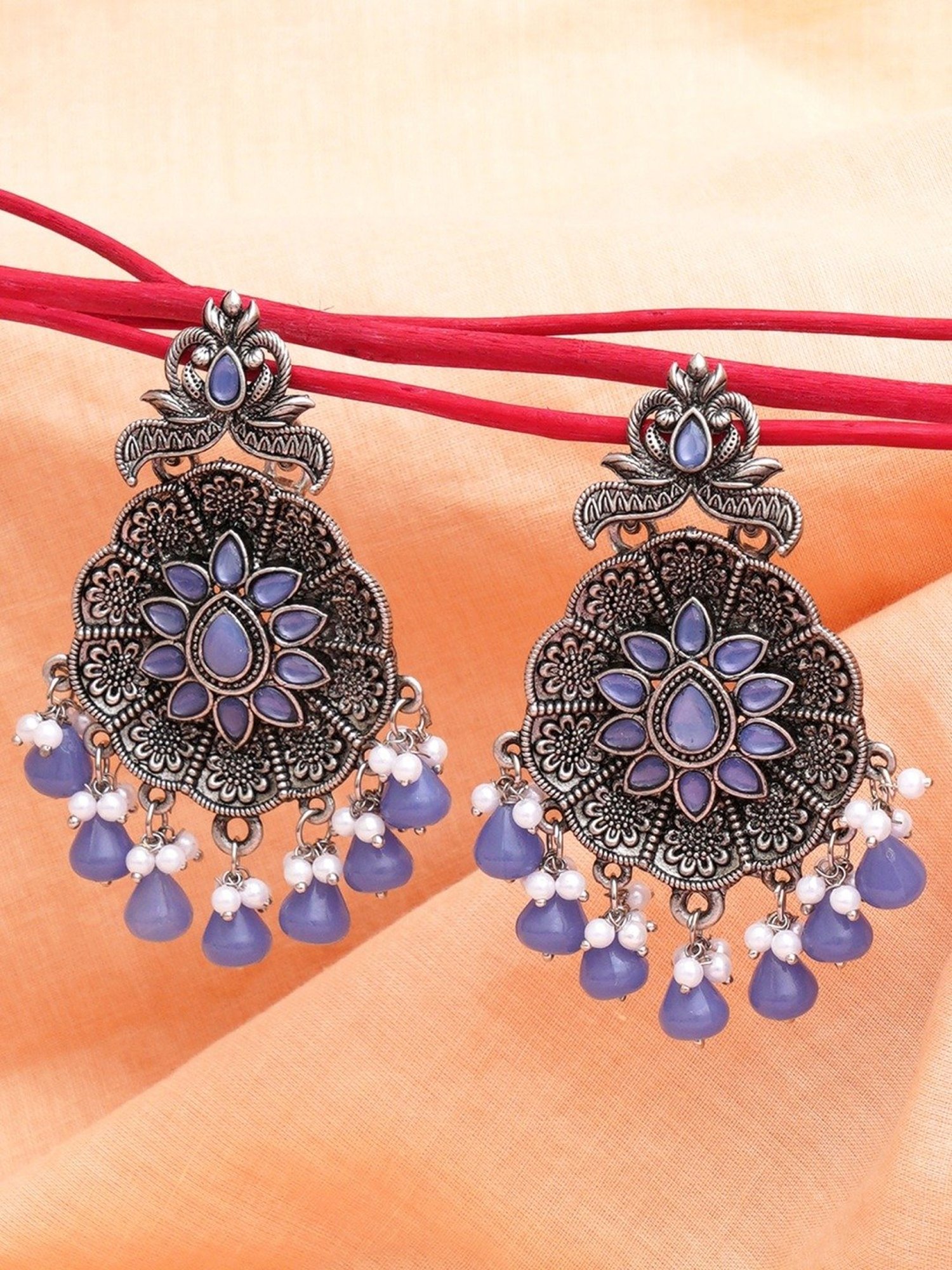 Karatcart Oxidized Blue Monalisa Stone-Studded Floral Drop Earrings for Women