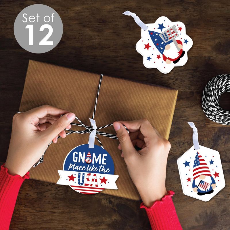 Big Dot of Happiness Patriotic Gnomes - Assorted Hanging Memorial Day, 4th of July and Labor Day Gnome Party Favor Tags - Gift Tag Toppers - Set of 12