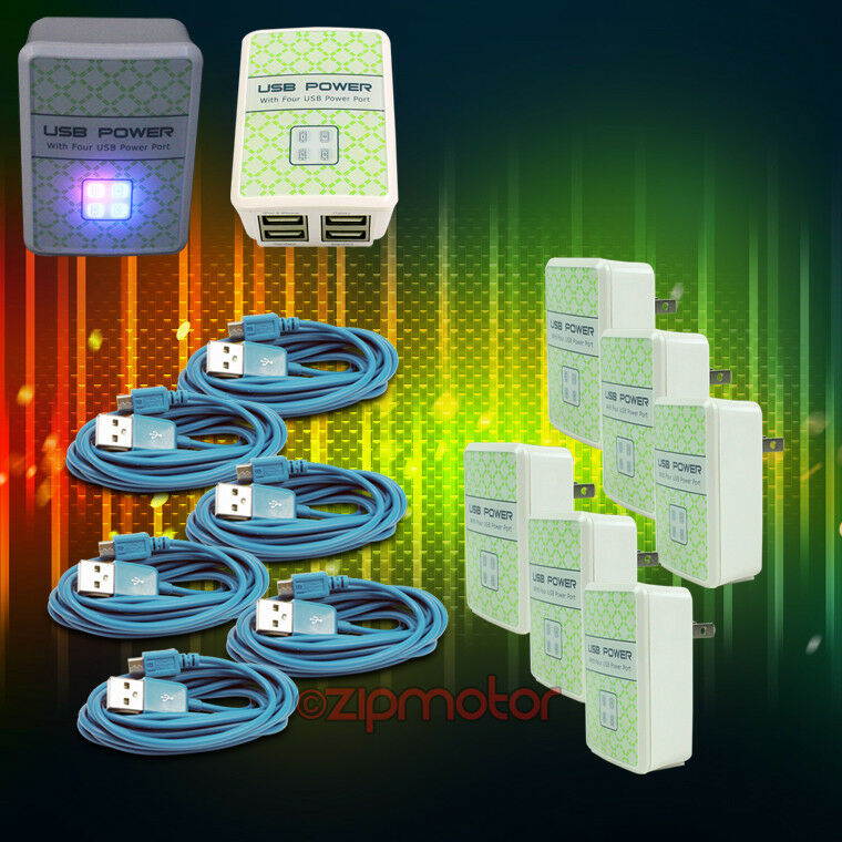6X 4 USB PORT WALL ADAPTER+3FT CABLE CHARGER AQUA LG G2 OPTIMUS PRO KINDLE FIRE
