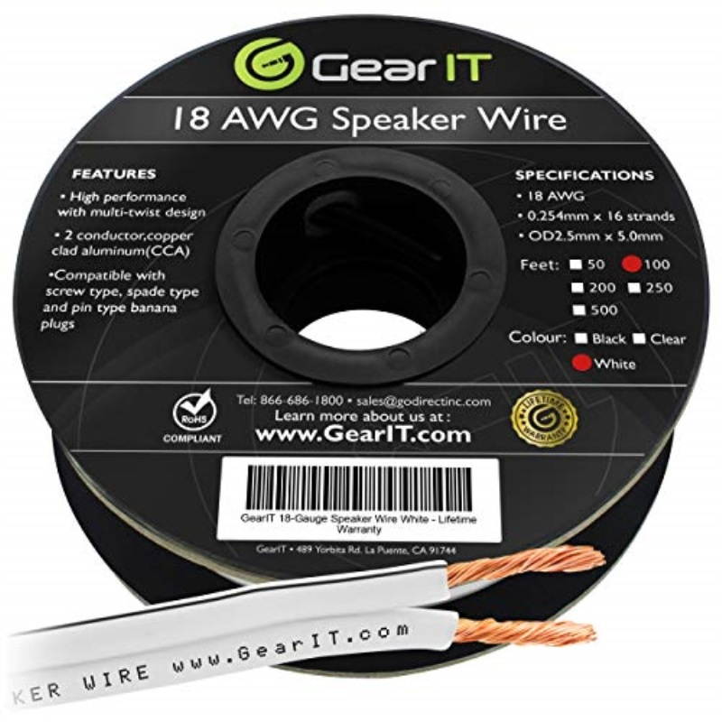 18AWG Speaker Wire, GearIT Pro Series 18 AWG Gauge Speaker Wire Cable (100 Feet / 30.48 Meters) Great Use for Home Theater Speakers and Car Speakers White
