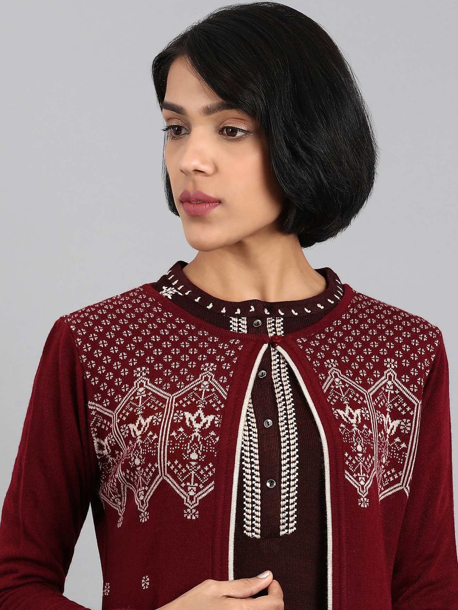 W Maroon Self Pattern Shrug