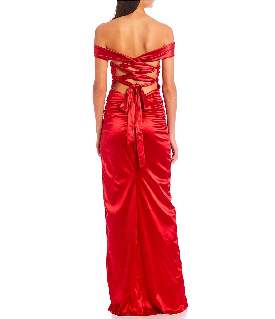 City Vibe Off-the-Shoulder Wrap Side Slit Satin Long Dress
