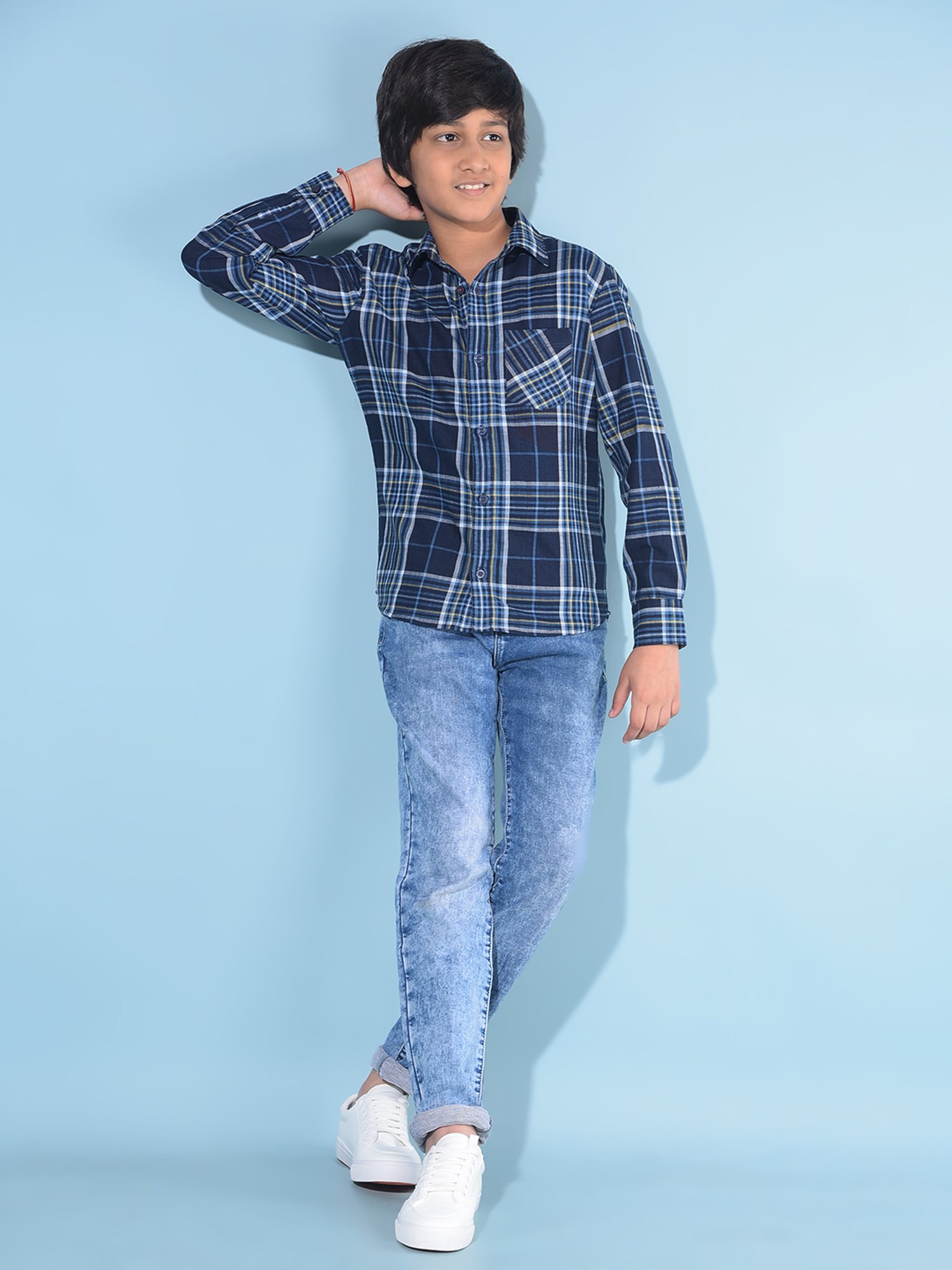 Crimsoune Club Kids Navy Checks Full Sleeves Shirt