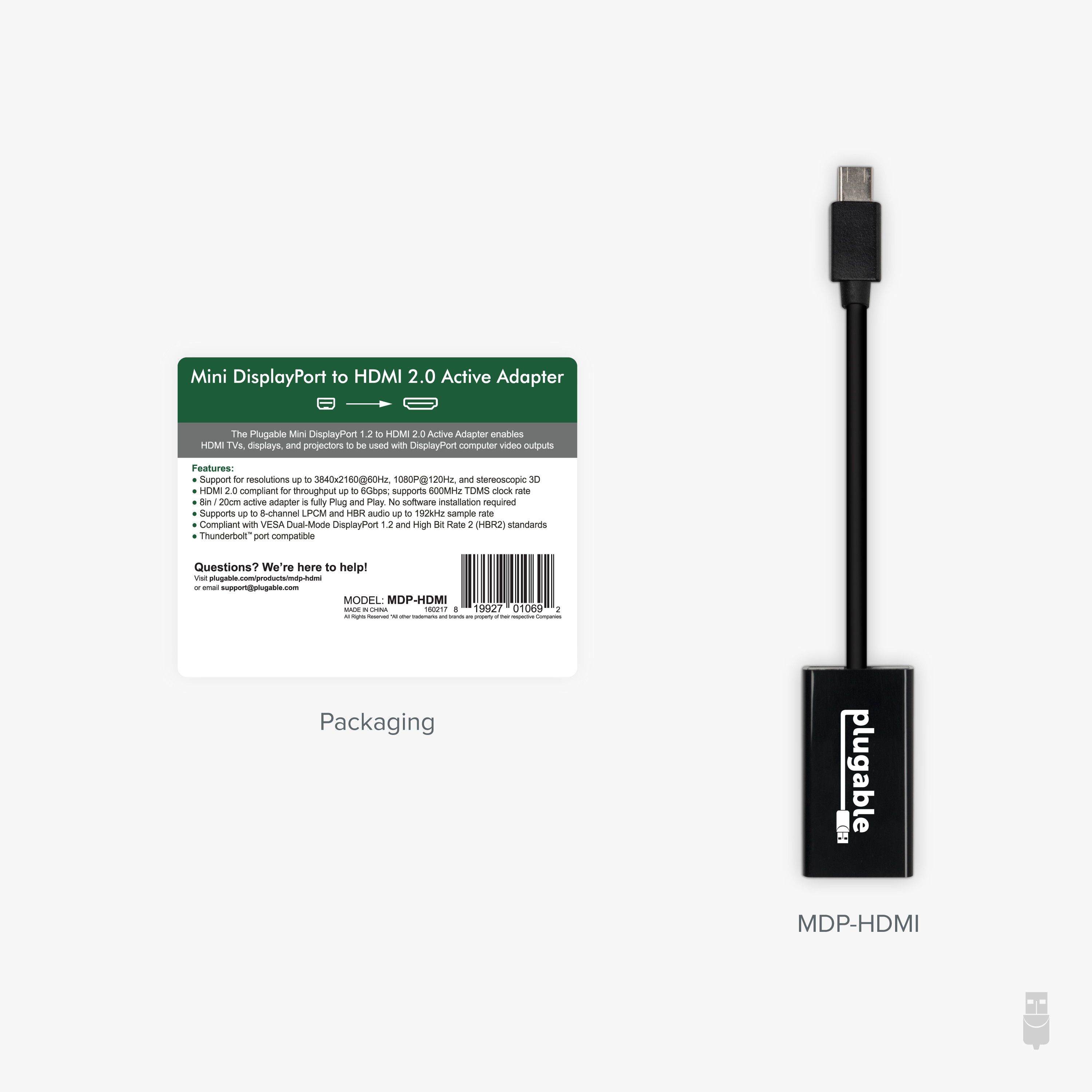 Plugable Active Mini DisplayPort (Thunderbolt 2) to HDMI 2.0 Adapter (Supports Mac, Windows, Linux and Displays up to 4k UHD 3840x2160@60Hz)