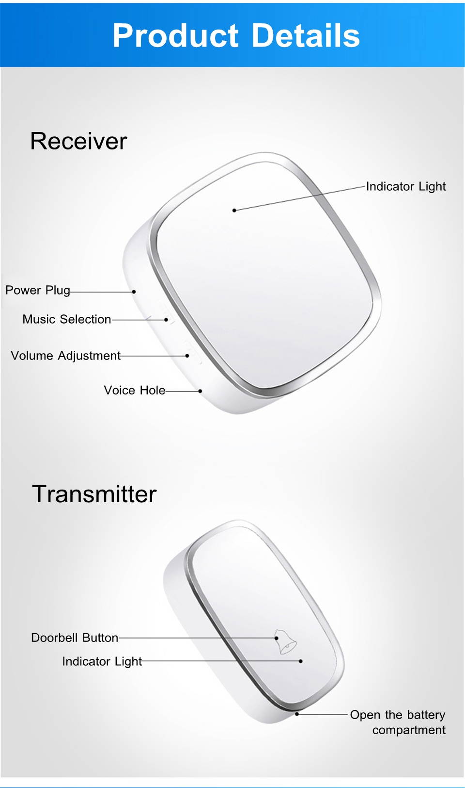 Household Wireless Doorbell Communication Digital Music Doorbell 36 Ring tunes 4 Volume