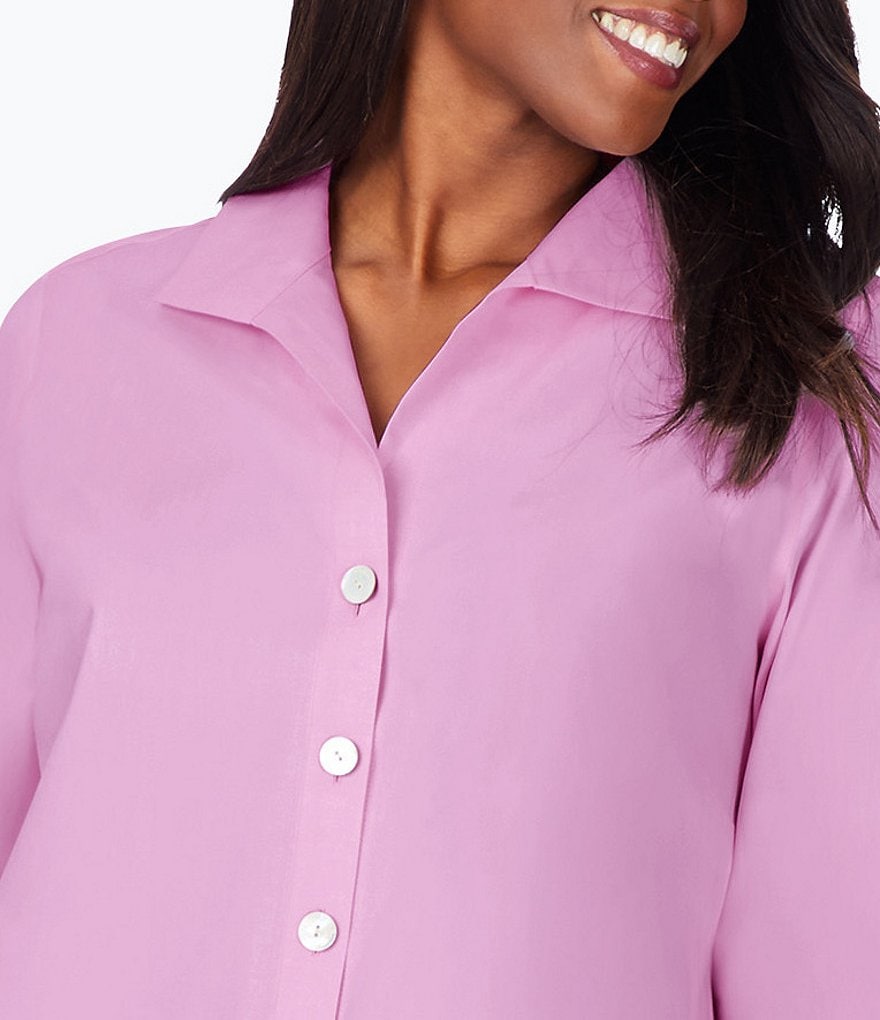 Foxcroft Plus Size Pandora 3/4 Sleeve Spread Point Collar Neck Button Front Shaped Tunic