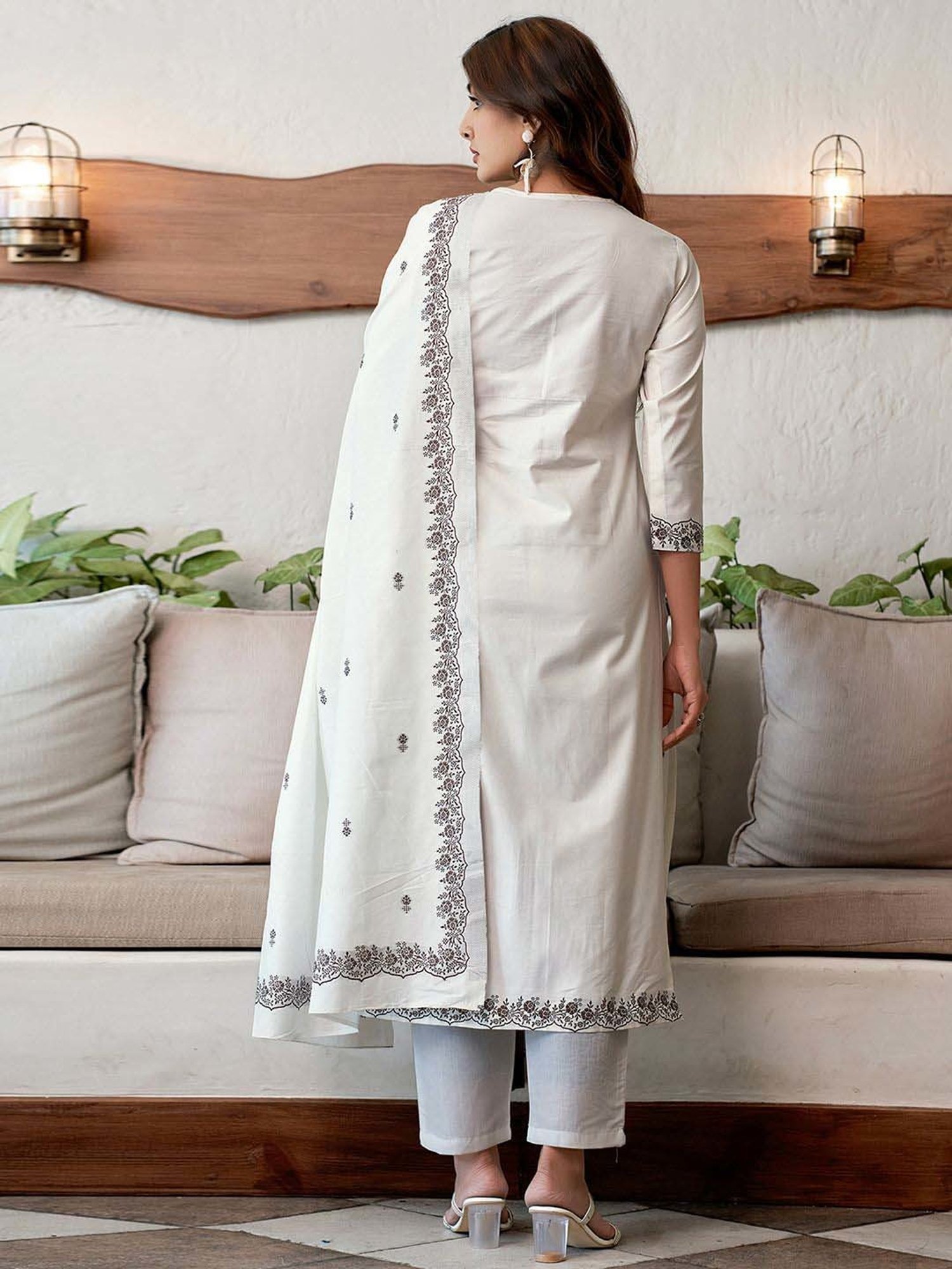 Skylee White & Brown Cotton Woven Pattern Kurta Pant Set With Dupatta