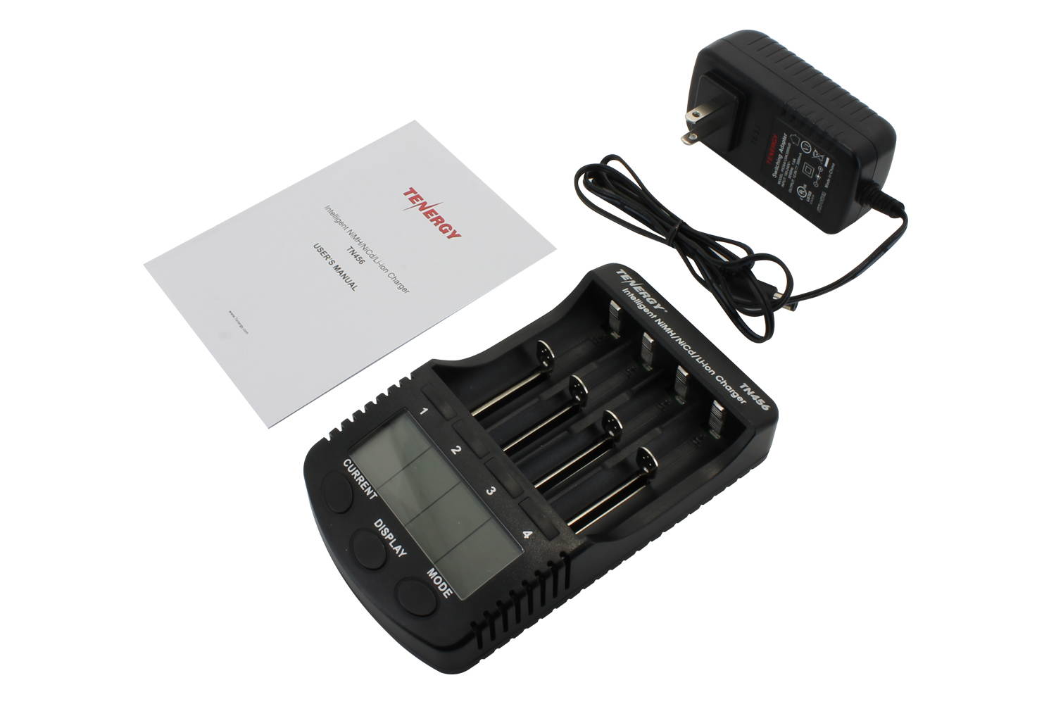 Tenergy TN456 Intelligent Universal Digital Battery Charger for Li-ion NiMH NiCd Rechargeable Batteries - 4 Slots, LCD Screen, USB Output Plug