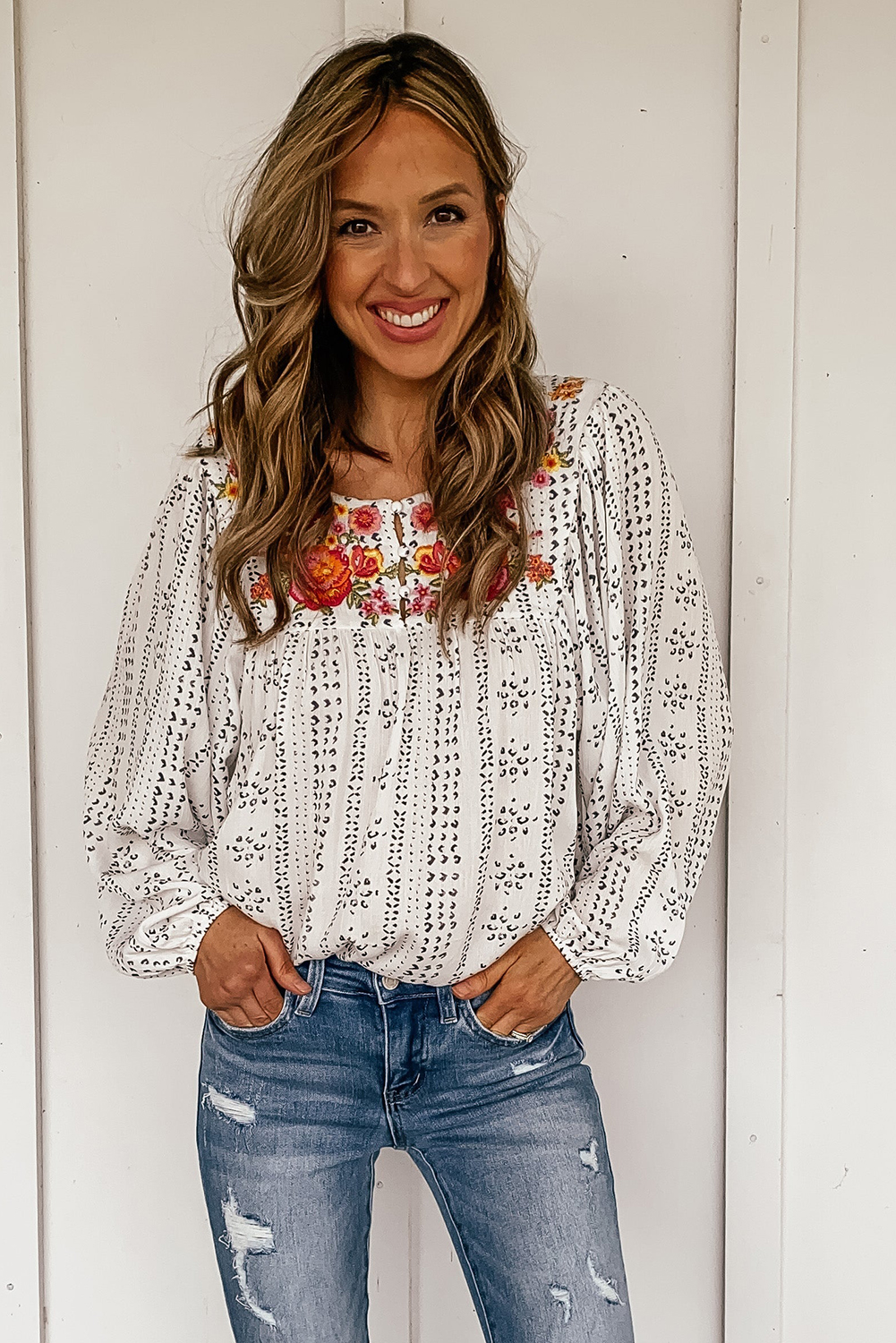 One World Apparel Jacquard Square Neck Short Sleeve Ivory Multi Floral Print Top