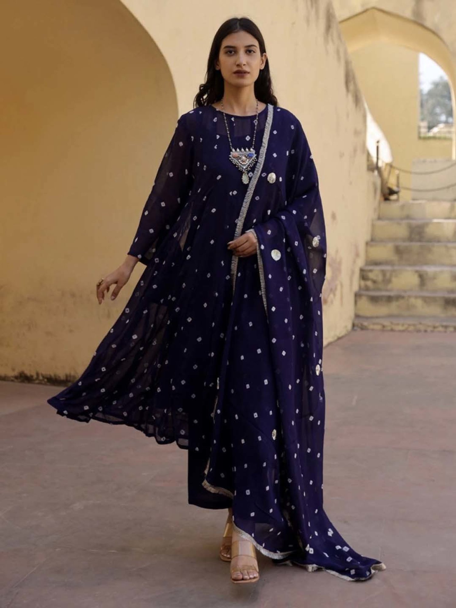 Asrumo Blue Tie And Dye Bhandhej Anarkali