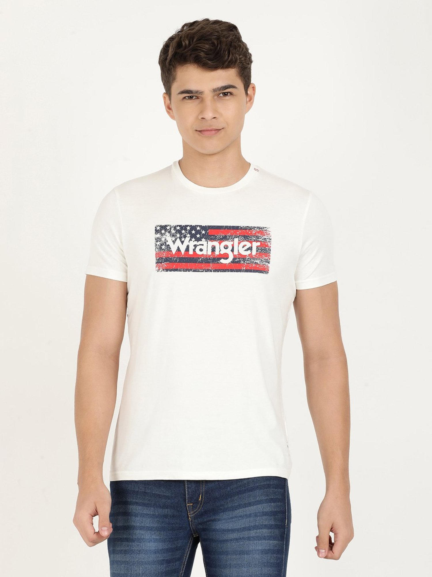Wrangler Snow White Cotton Regular Fit Printed T-Shirt