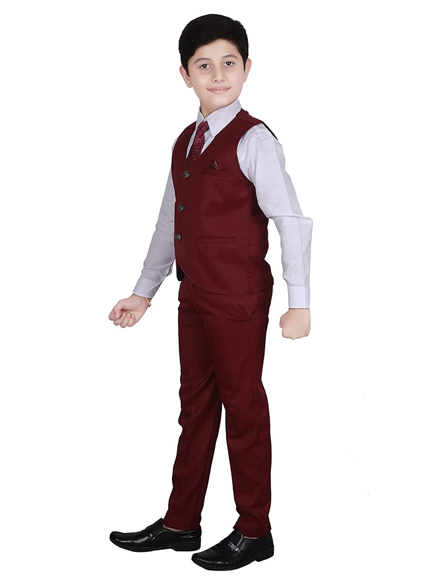 Pro-Ethic Style Developer Kids Maroon & White Solid Full Sleeves Shirt, Waistcoat, Pants with Tie