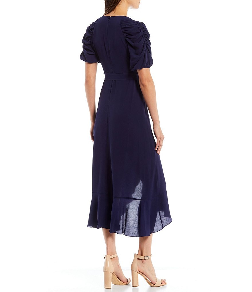 Kensie Surplice V-Neck Short Gathered Sleeve Midi Ruffle Pebble Crepe Wrap Dress