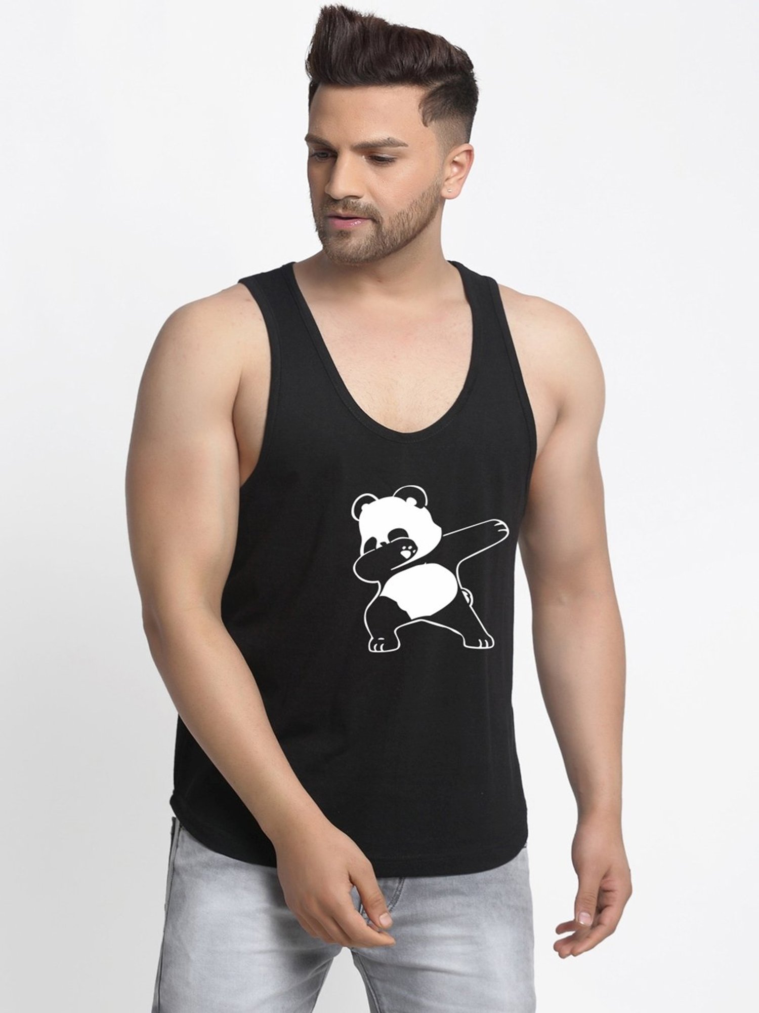 Friskers Black Cotton Slim Fit Printed Gym Vest