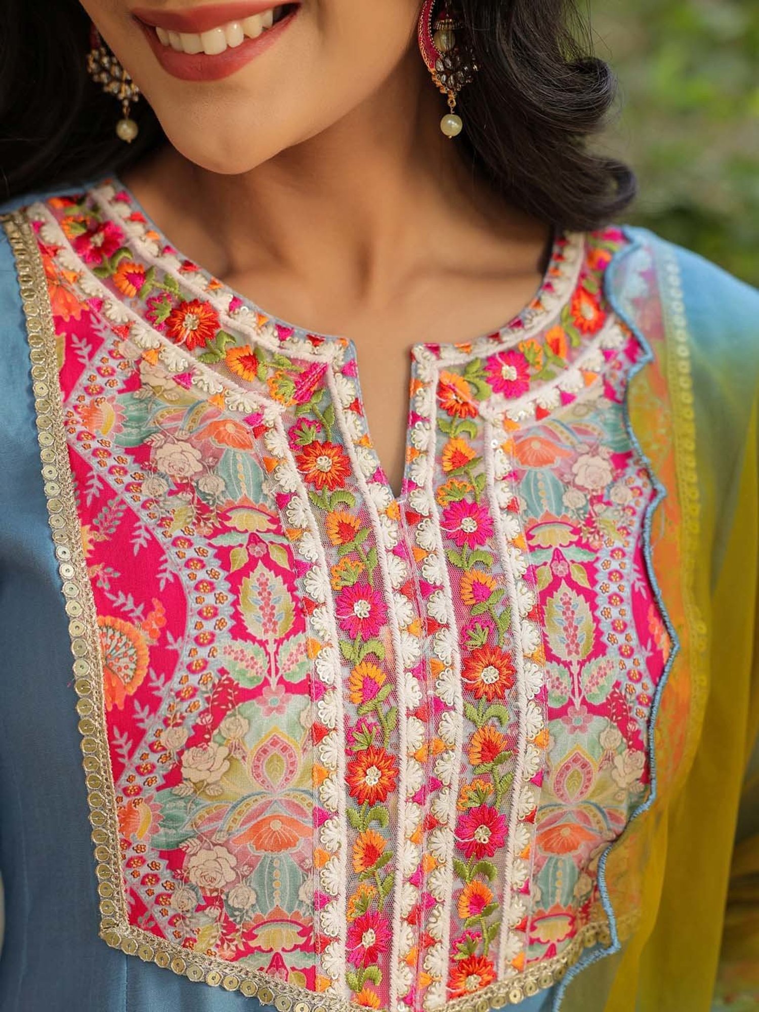Rain and Rainbow Greyish Blue Embroidered Kurta With Pant & Dupatta