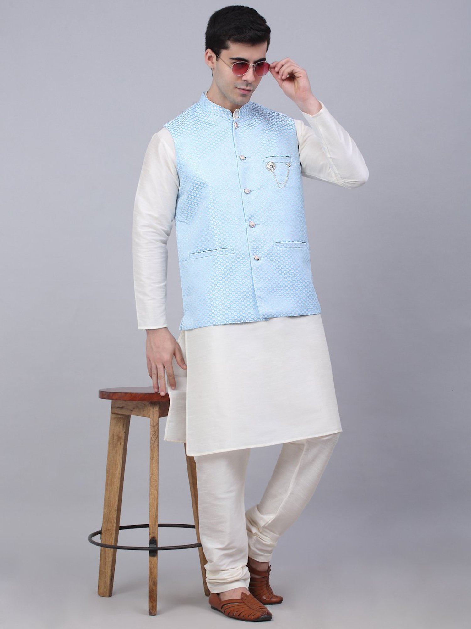 VASTRAMAY Teal Green Regular Fit Printed Nehru Jacket