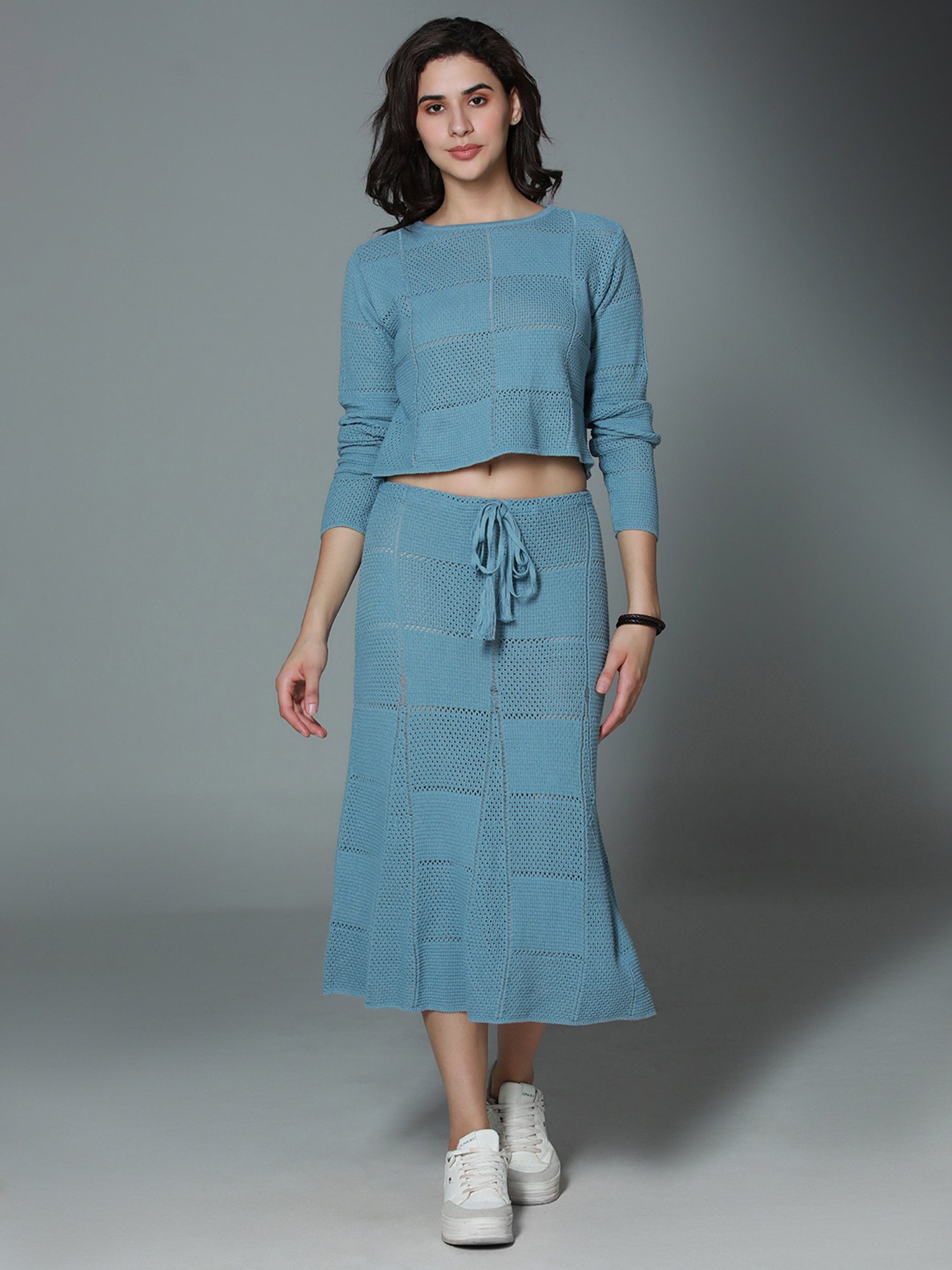 High Star Blue Cotton Self Design Top With Skirt