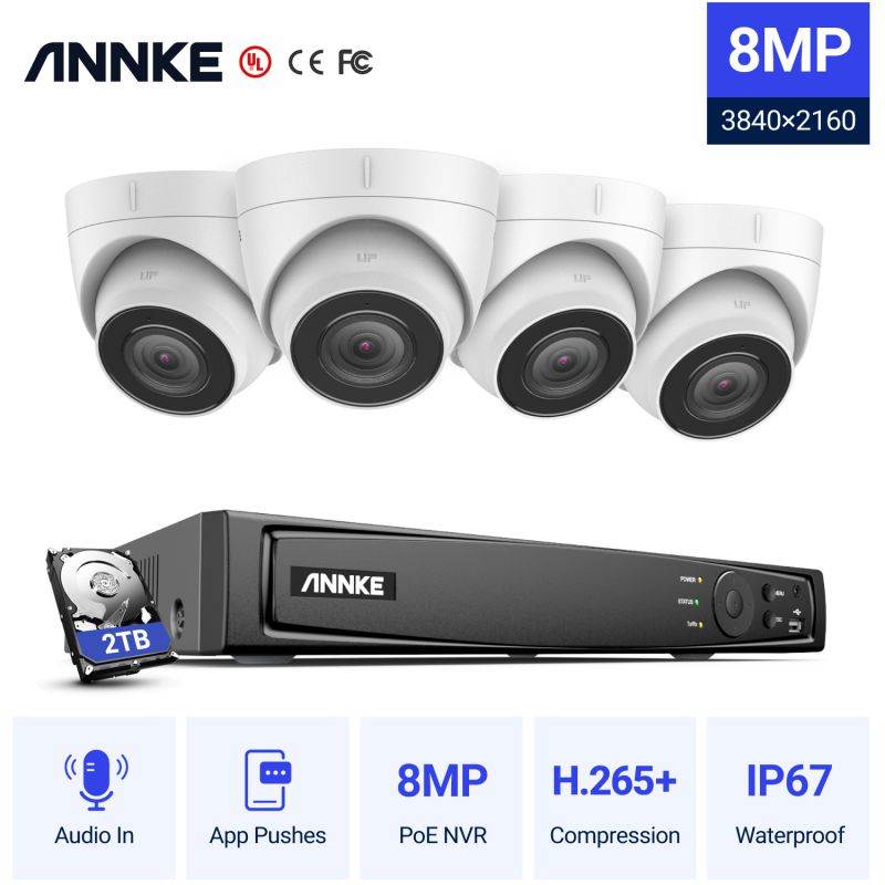 ANNKE 8MP 4K Ultra HD PoE ONVIF 8CH NVR Security Camera System with H.265+ Coding 4K Wired HD Outdoor Indoor IP67 Weatherproof Cameras Supports 256 GB TF Card Remote Access 4 Camera with 2TB