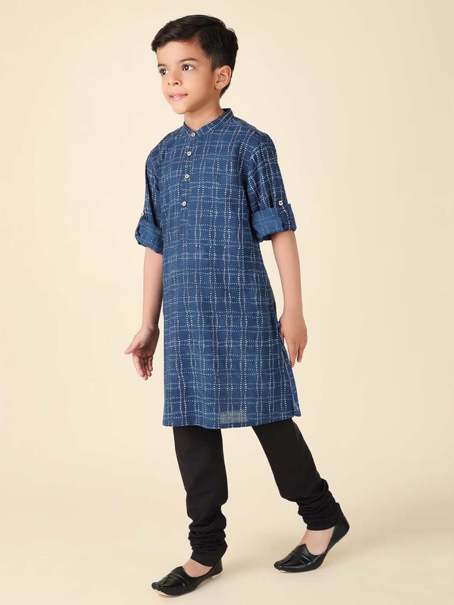 Fabindia Kids Navy Cotton Printed Full Sleeves Kurta