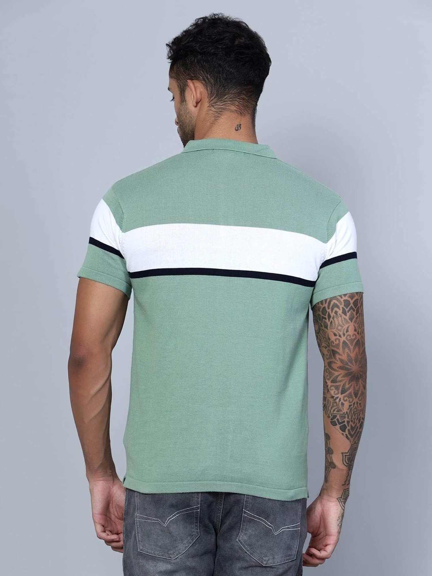 Cantabil Light Green Cotton Regular Fit Striped Polo T-Shirt