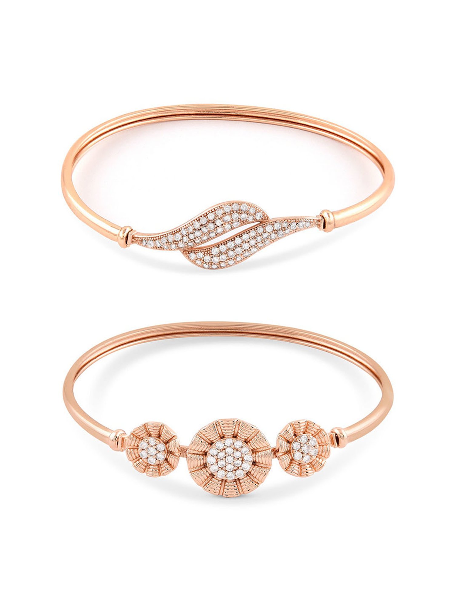 Zaveri Pearls Set of 2 Rose Gold Contemporary Cubic Zirconia Brass Kada Style Bracelet-ZPFK11112