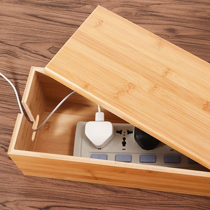 Bamboo Large Cable Box Stylish Cord Organizer Cable Management Box for Cord Hider and Cord Management Cable Organizer Box with Protector Cable Sleeve