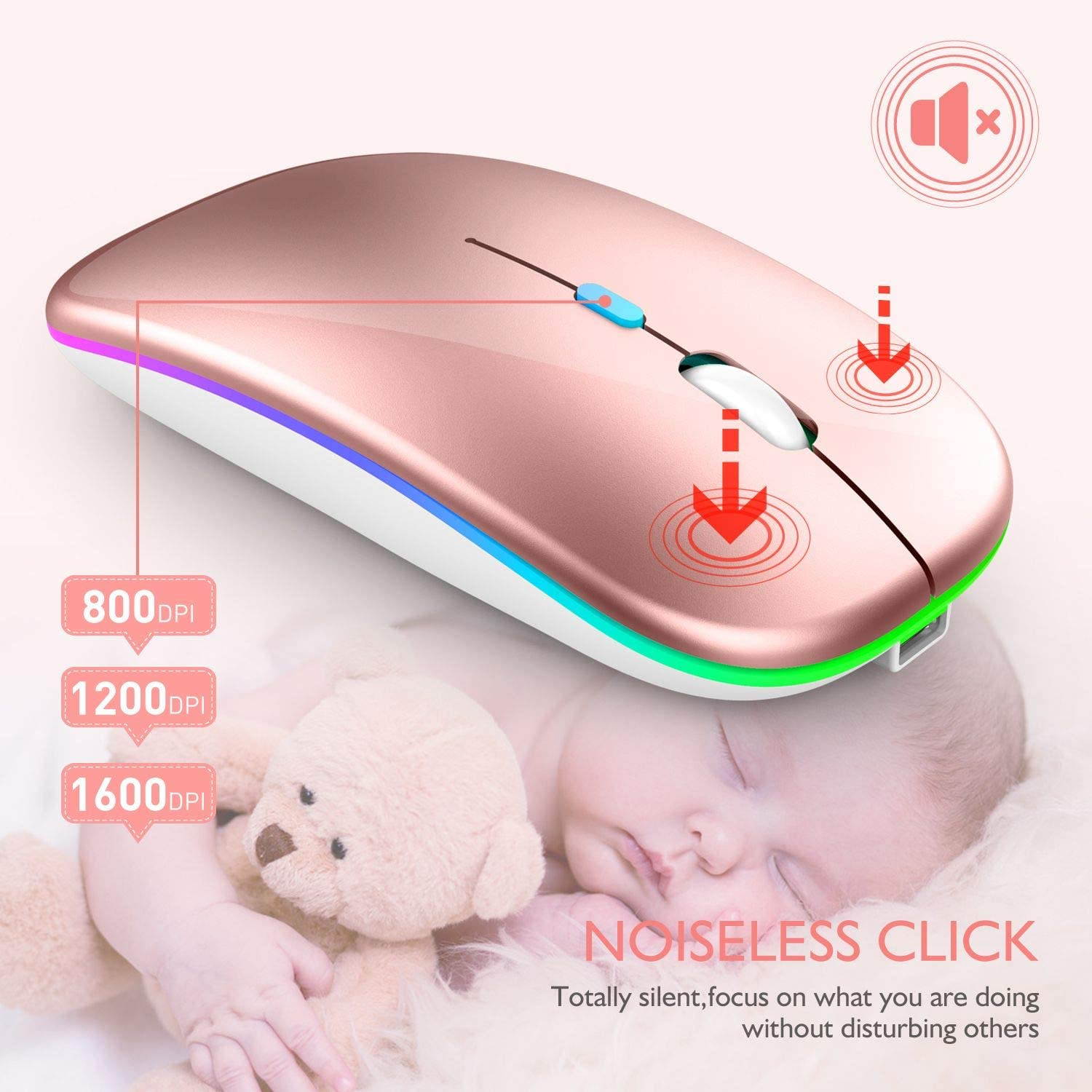 LED Bluetooth wireless mouse, MacBook Pro Bluetooth mouse, MacBook Air Bluetooth mouse, rechargeable wireless mouse, suitable for MacBook, laptop, Mac, ipad, iPad Pro (black)