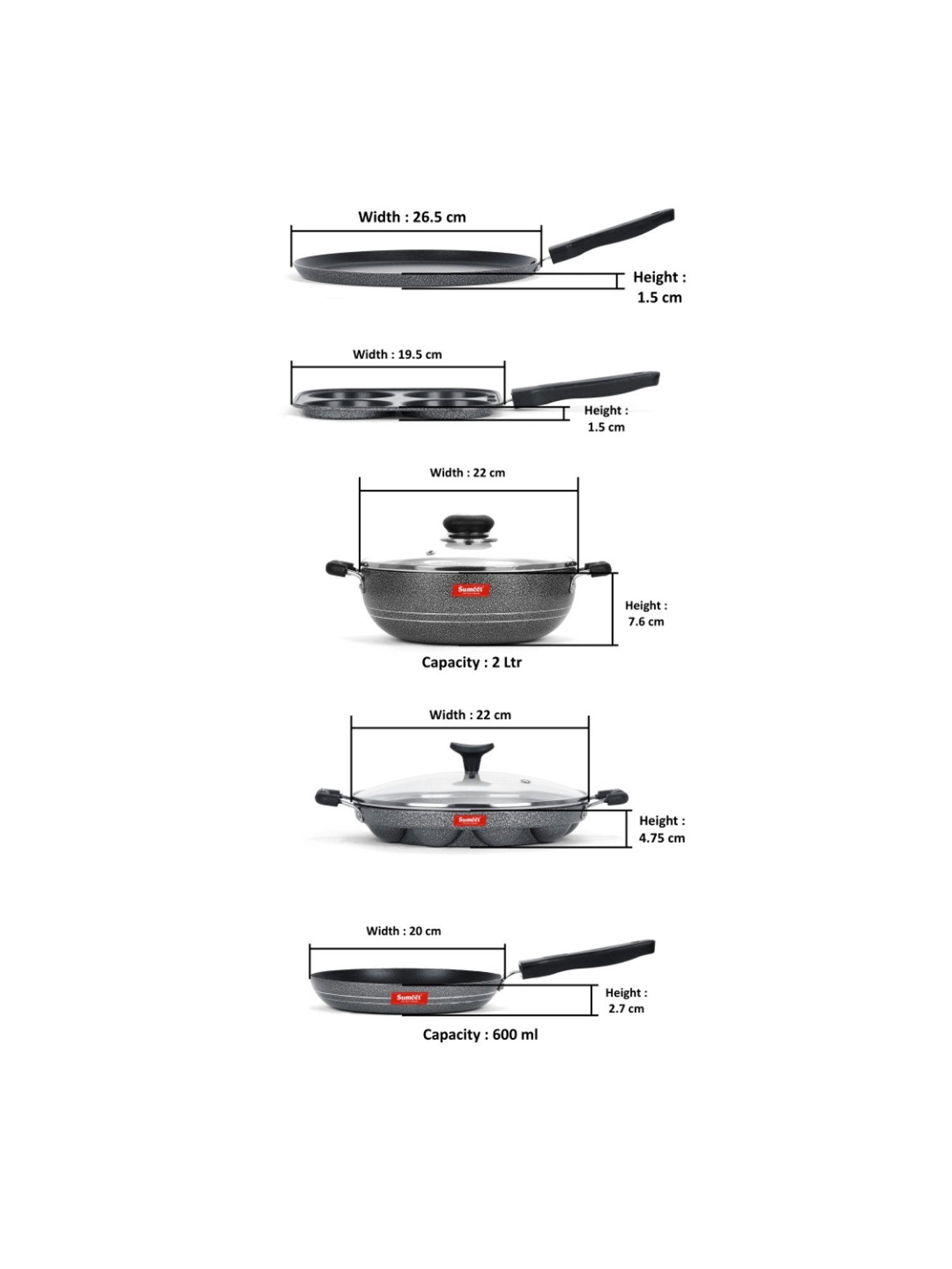 Sumeet NonStick Cookware Set-Dosa Tawa+Snack Maker+Kadhai &GlassLid+Appam Patra &GlassLid+Tapper pan
