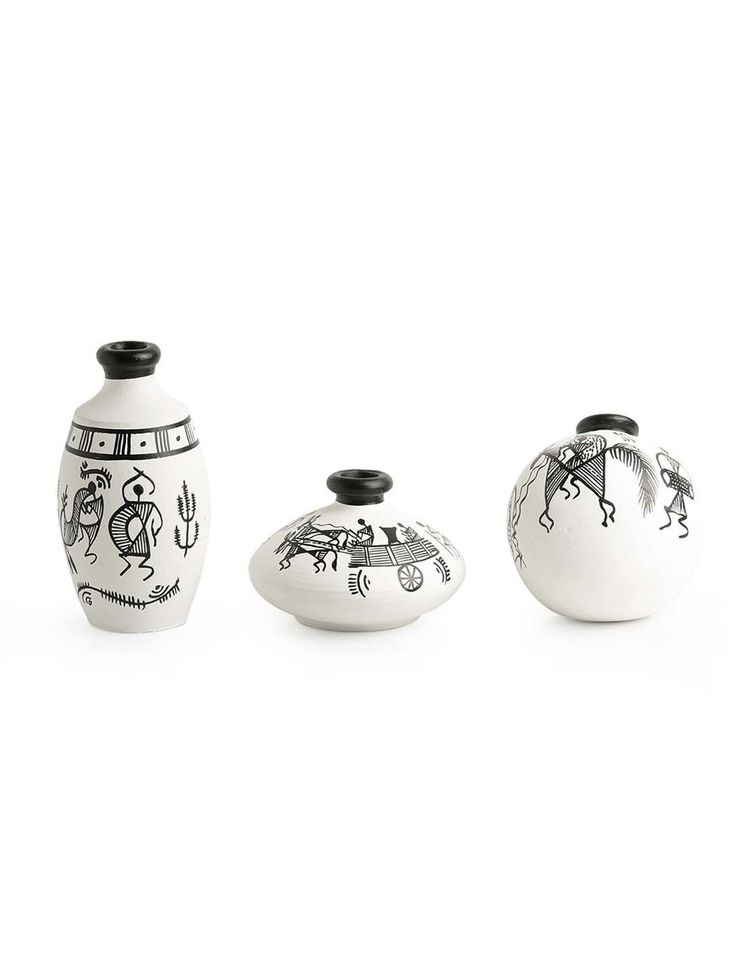 ExclusiveLane Terracotta Warli Handpainted Miniature White Pots Showpieces (Set Of 3)
