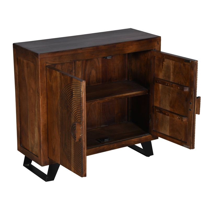32" 2 Door Wooden Accent Storage Cabinet with Engraved Circular Design Brown - The Urban Port