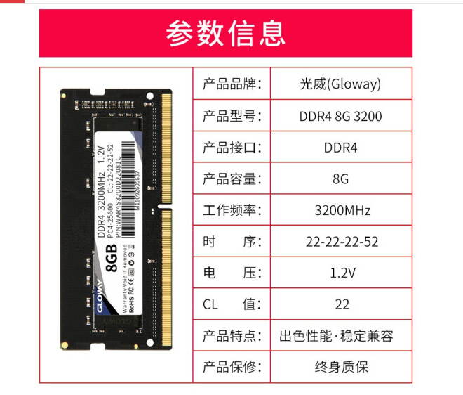 Gloway 8GB 260-Pin DDR4 SDRAM DDR4 3200 (PC4 25600) Notebook Memory Support Intel XMP 2.0