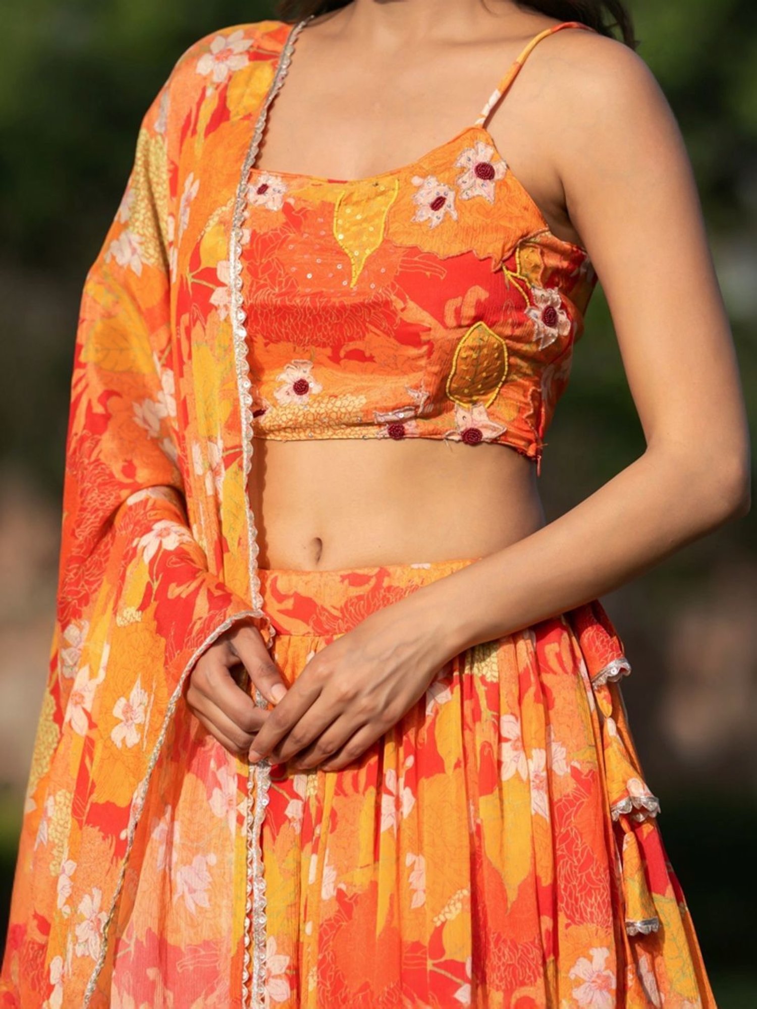 HOUSE OF JAMOTI Orange & Yellow Printed Lehenga Choli Set With Dupatta