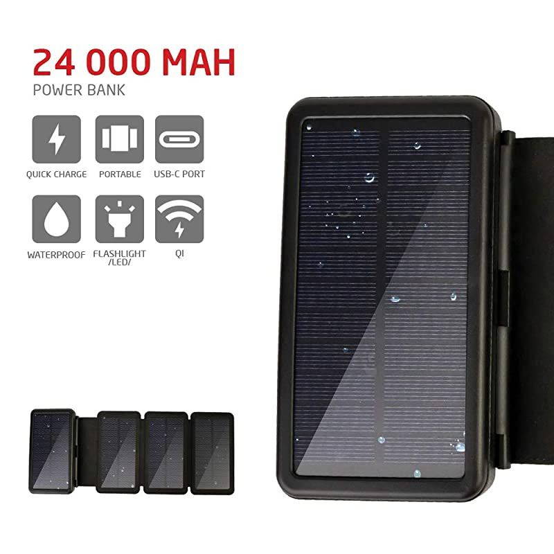 Solar Charger &ndash; [4 Efficient Panels] USB-C 24000mAh Waterproof Solar Battery Charger for Emergency, Portable Solar Power Bank Wireless Battery Charger for Phones/Tablets/GPS/Camping,etc.
