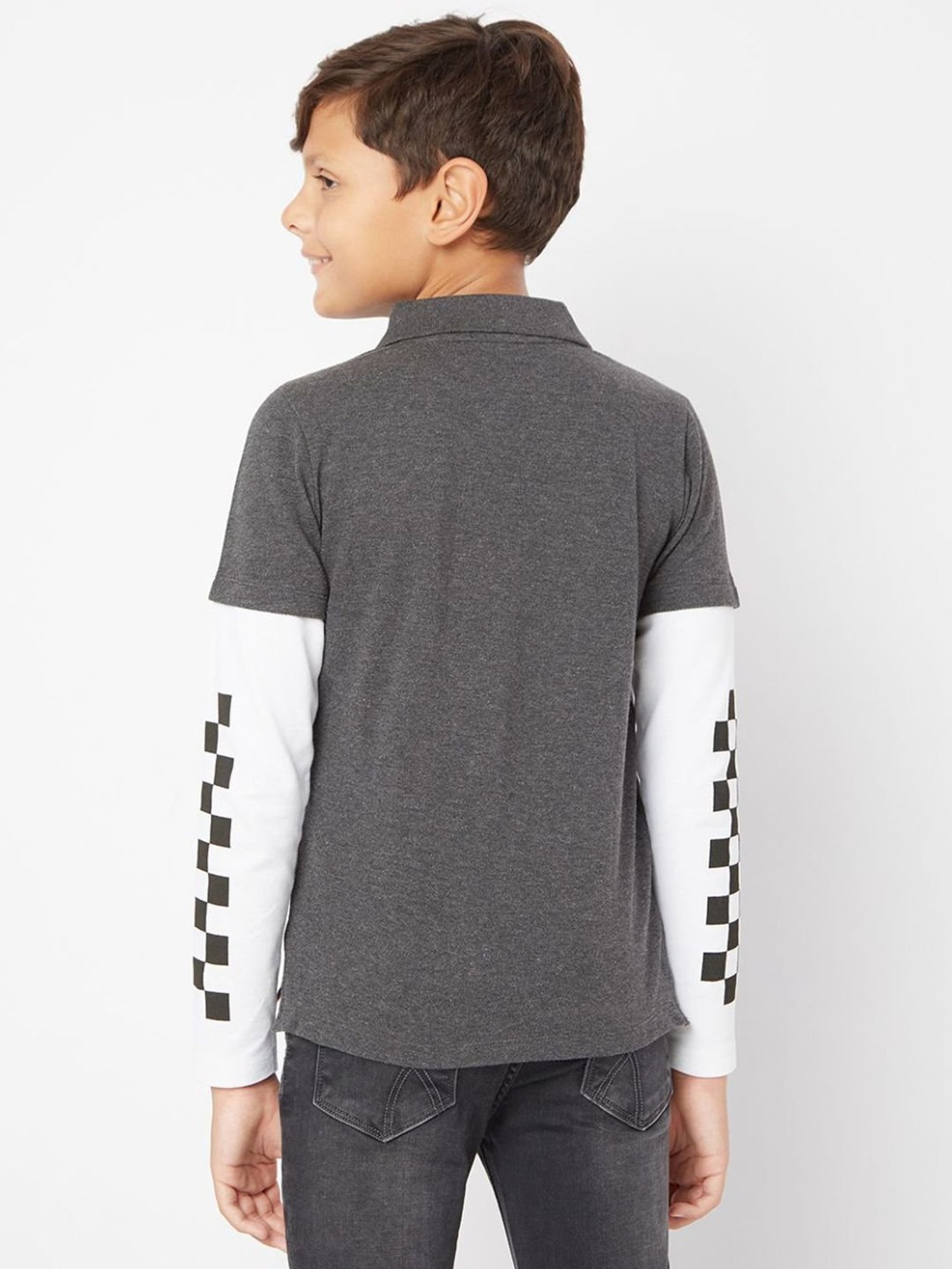 GAS Boys Grey & White Cotton Color Block Full Sleeves Polo T-Shirt