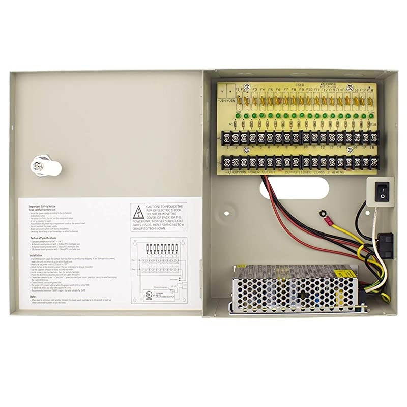 CCTV Power Supply 18CH Channel Port Box  Distributed Power Supply Output 12V DC for CCTV DVR Security System and Cameras UL Listed 10A
