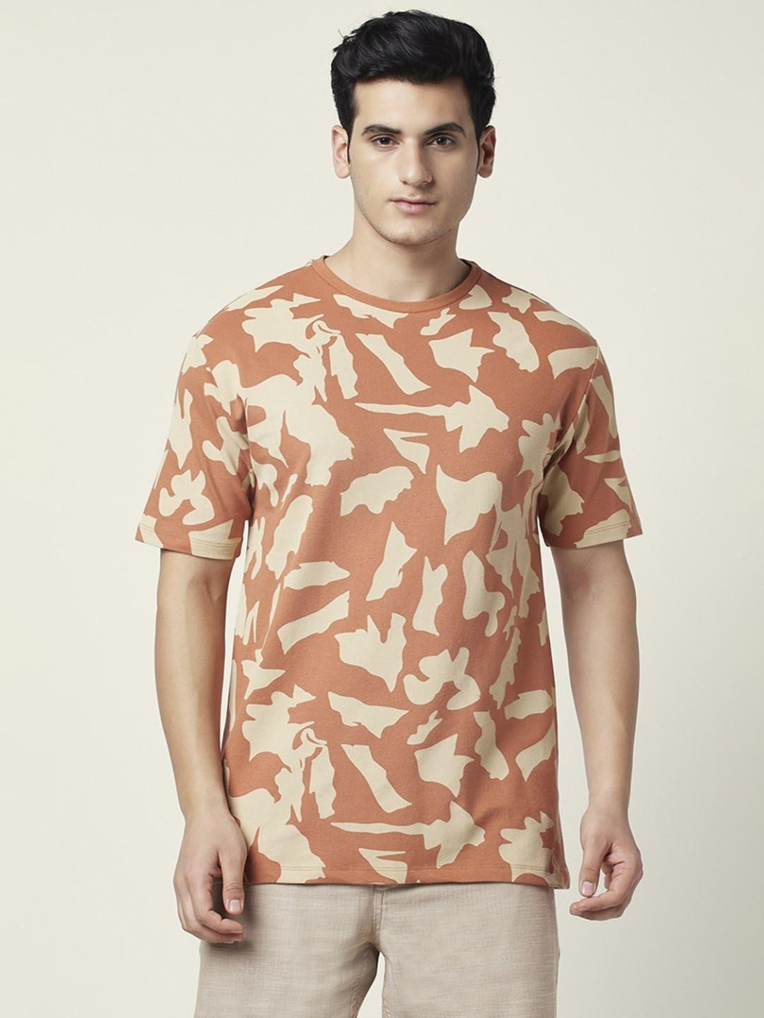 7 Alt by Pantaloons Rust Orange Relaxed Fit Printed T-Shirt