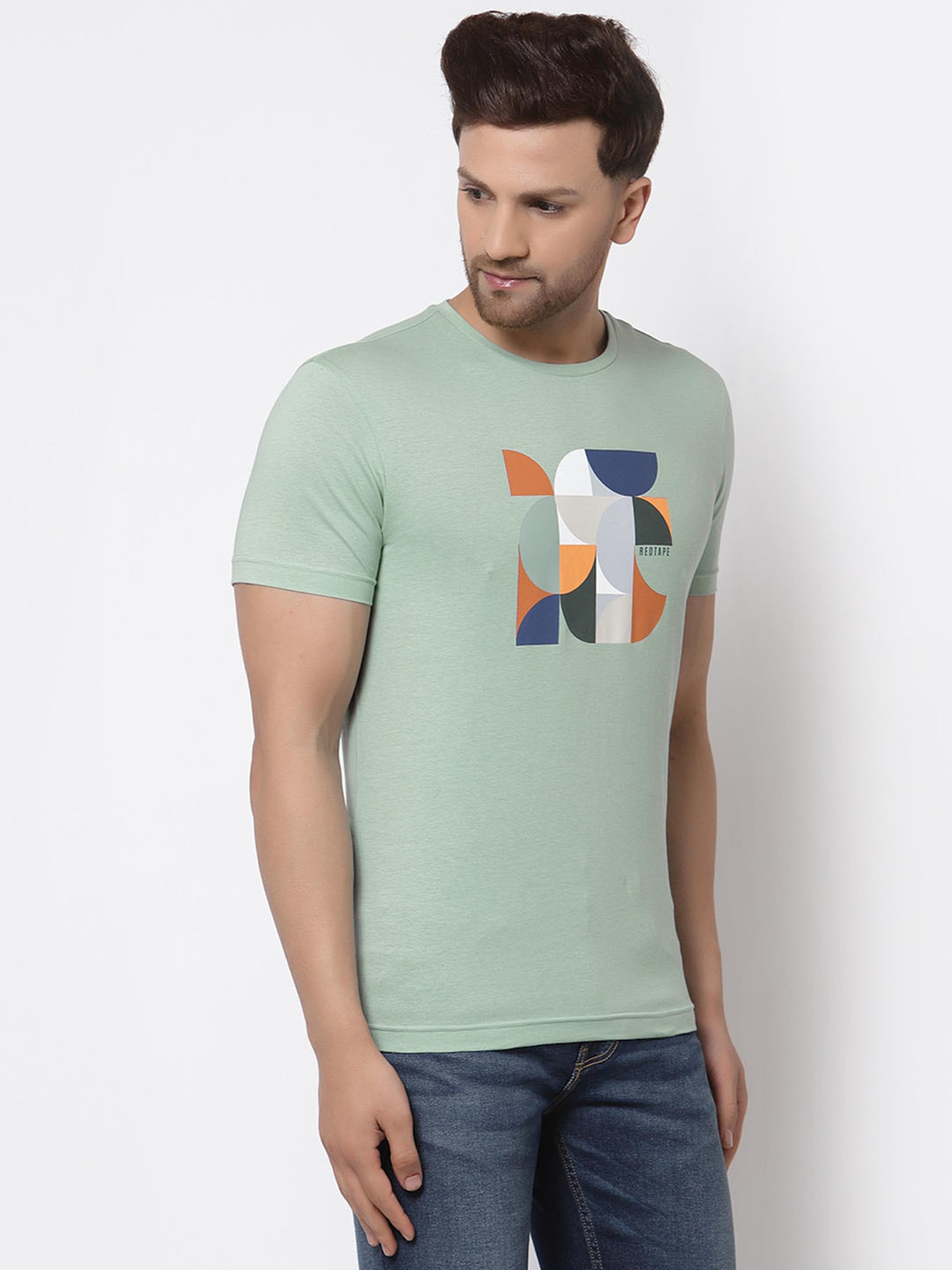 Red Tape Light Green Cotton Regular Fit Printed T-Shirt