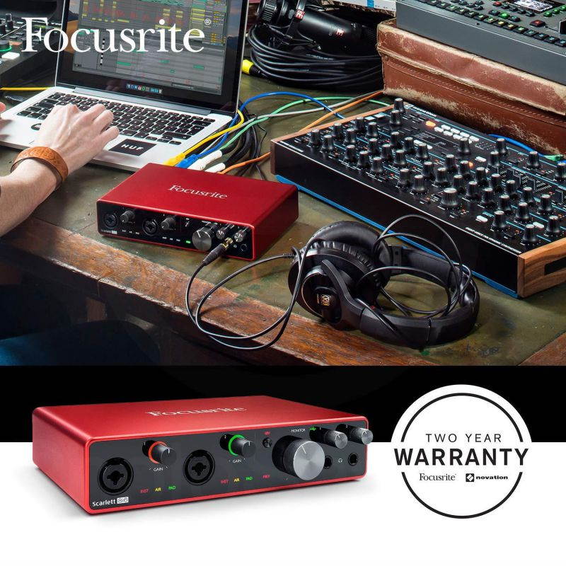 Focusrite Scarlett 8i6 8-in 6-out USB Audio Interface + Samson SR360 Over-Ear Dynamic Stereo Headphones, Cables, and Fibertique Microfiber Cleaning Cloth
