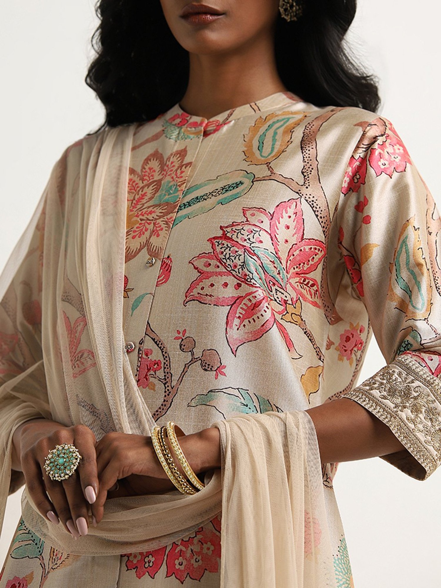 Vark by Westside Beige Floral Printed Kurta, Palazzos and Dupatta Set