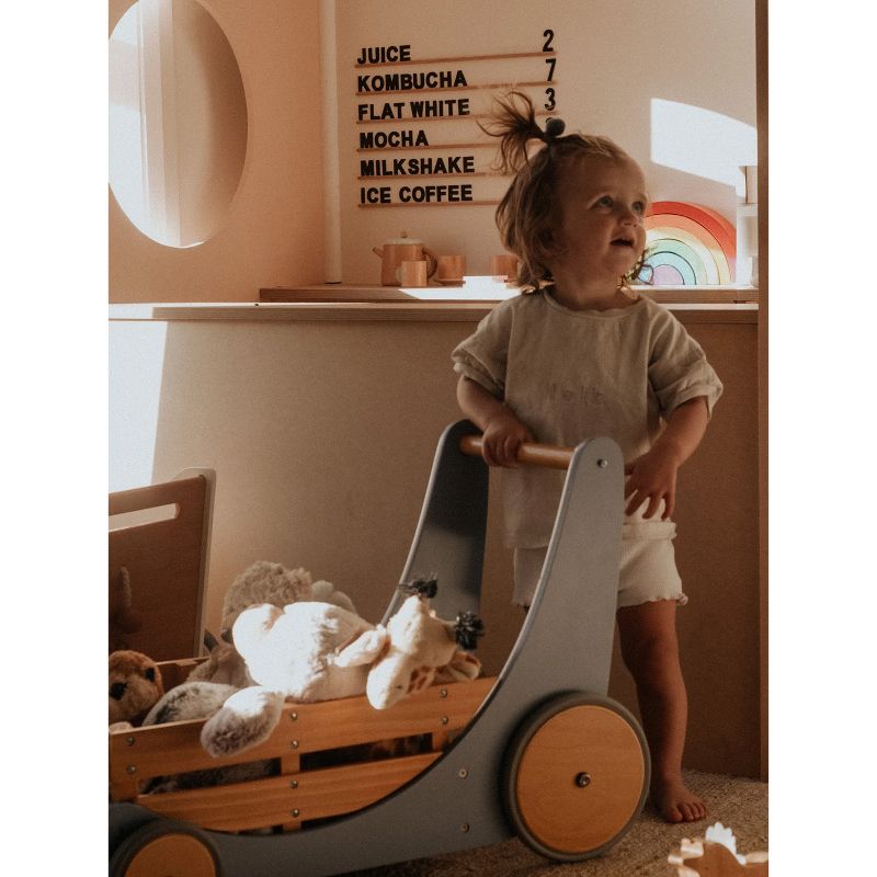 Kinderfeets 2-in-1 Wooden Cargo Push Walker Wagon for Children and Toddlers with Rubber Wheels, Blue