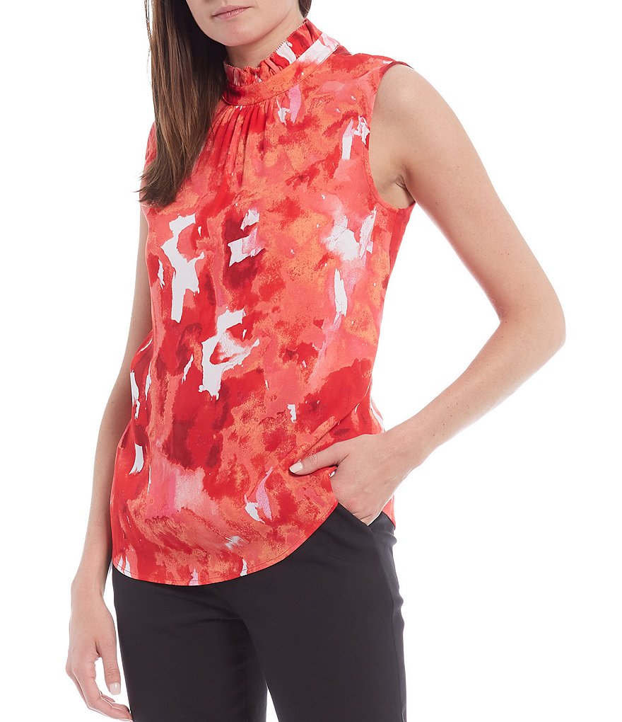 Donna Karan New York Sleeveless Picot Trim Printed Georgette Ruffle Collar Shell