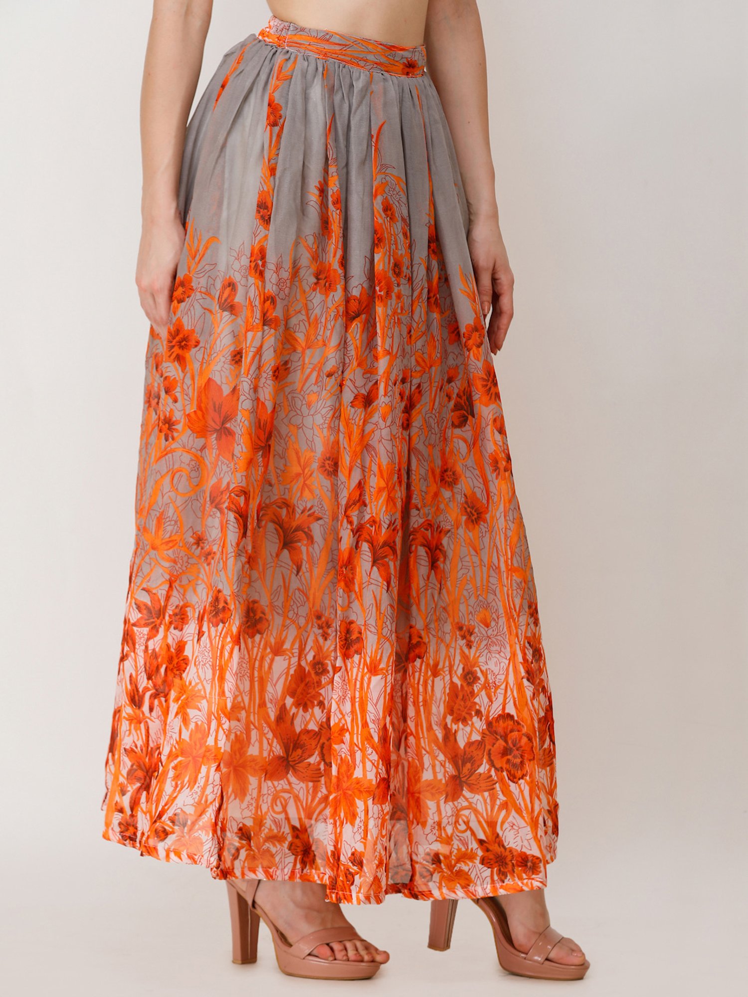 Scorpius Grey & Orange Georgette Floral Print Skirt