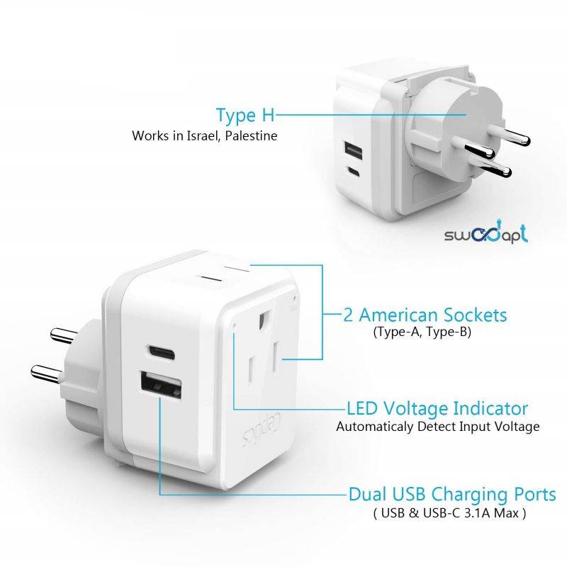 PAK-ME Israel, Jordan, Middle East Travel Adapter Set | Type C, G, H - USB & USB-C Ports + 2 US Outlets